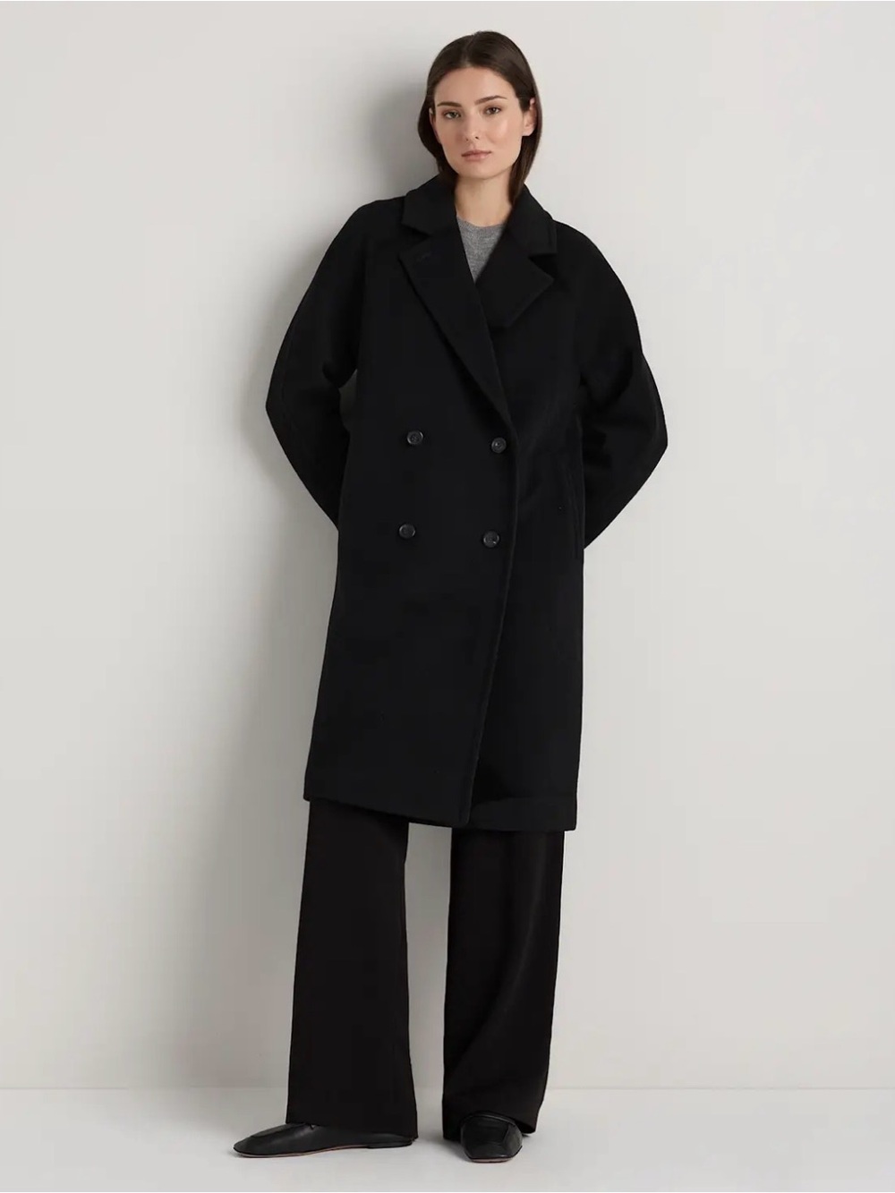 Quince Slouch Wool Cashmere Double-Breasted Coat Black size XS NWT
